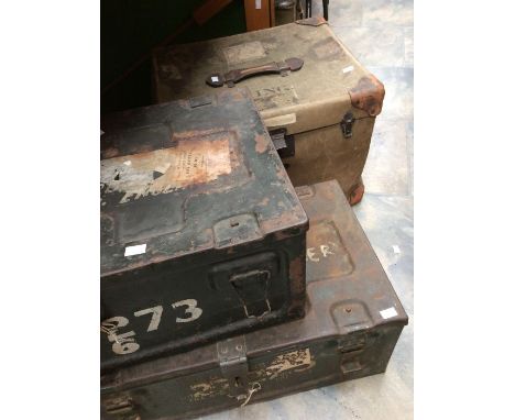 Two World War II metal ammunition cases, together with a travel trunk.