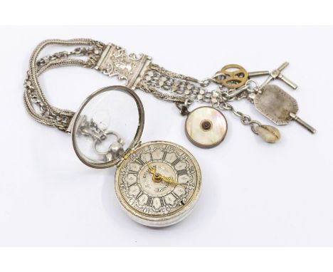 An early 18th century silver verge pair cased pocket watch, comprising a signed silver champlevé dial with Roman numerals, ou