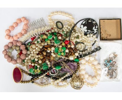 A collection of costume jewellery, to include a 9ct gold bar brooch set with aquamarine, total gross weight approx 1.2gms lat