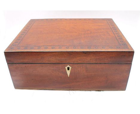 A late George III mahogany vanity/trinket box with inlaid top and internal lid detail - the interior lifts out to reveal and 