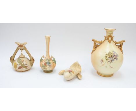 Royal Worcester&nbsp; - A small collection of blush ivory pieces including; a tall and wide two&nbsp; handled vase (cracked t