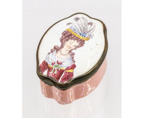 A rare Bilston Enamel Patch Box, c.1770, painted with a lady, her feathered headpiece inscribed&nbsp;'Long Live the King', th