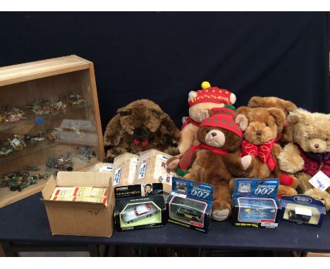A collector's lot to include 6 x Harrods vintage teddy bears, together with Corgi James Bond 007 cars and other items.