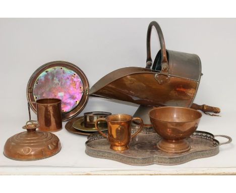 A collection of plated items including trays, tea/coffee sets, trinket boxes, along with brass and copper wares