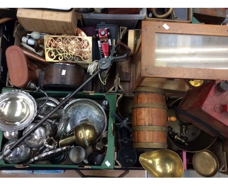 A collection of items to include; brass jam pan, two sets of scales, oak barrel, mantle clock, brass table lamp, chemical bal