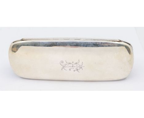 A George V silver plain oblong shaped cigar holder, cover engraved with monogram, gilt interior, hallmarked by Mappin &amp; W