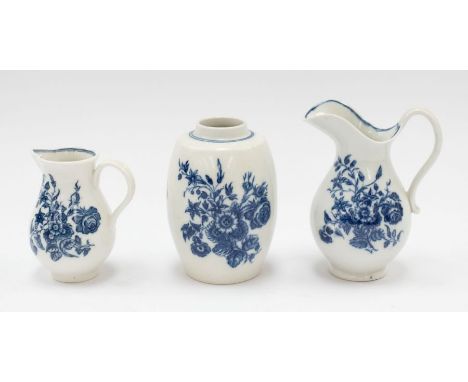 A small selection of Caughley porcelain, including a ewer jug, a sparrow beak jug and a tea caddy (cover missing), all decora