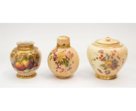 Royal Worcester - A signed hand painted small vase by Ricketts with fruit design, along with a 1314 patterned lidded urn and 