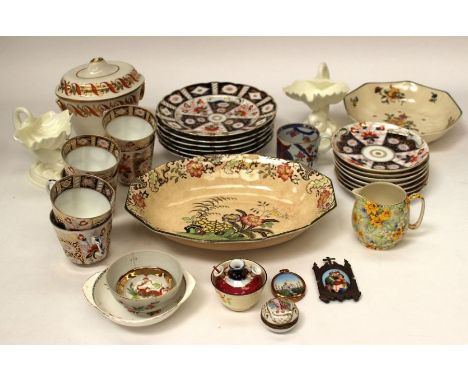 A collection of mixed ceramics to include; An early Crown derby purple mark sugar bowl and cover (cracked and chipped), numbe