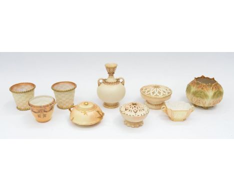 A small collection of Royal Worcester blush ivory pieces to include; a two handled vase, a pair of small planters/vases, a fu