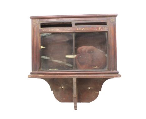 Victorian mahogany wall hanging post box with glass panel front with knutsford post leaves. 5pm to front