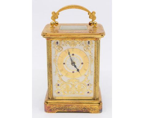 French style carriage clock, movement inscribed Carl Faberge. Single train jewelled movement with balance escapement. The bac