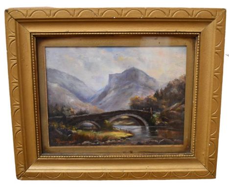 P Phillips (late 19th/early 20th Century) Ashness Bridge, Cumbria oil on panel, 14 x 19cm signed and dated 1911, gilt framed 