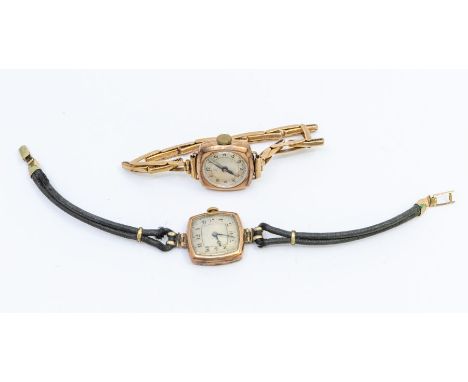 Two ladies vintage 9ct gold square cased wristwatches, both a/f General condition- damage -cracked glass to both, scratches a
