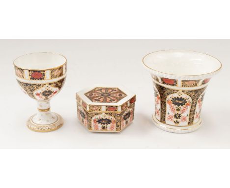 A Royal Crown Derby 1128 boxed trinket dish, a 1128 goblet, and a small 1128 planter/vase.