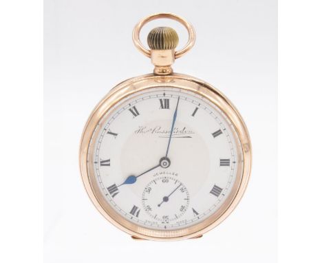 An early 20th century 9ct gold open faced pocket watch by Thos Russell & Son Liverpool, comprising a signed enamel dial with 