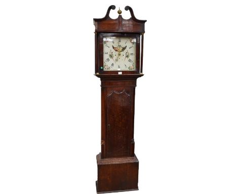 Newton of Burnley 30 hour longcase clock with 14" square dial with axe head moon phase, subsidiary seconds, birds of paradise