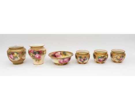 Royal Worcester - A collection of hand painted blush ivory pieces to include; five vases and one bowl, bowl diameter approx. 