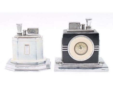 An Art Deco (1930s) Ronson black and chrome combination desk clock and lighter, label verso and stamped patent no: 97 247 etc