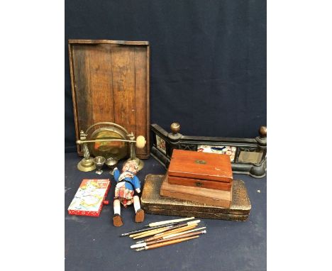 A small 19th century cast-iron open fireguard; a small table gong and a carving set etc.