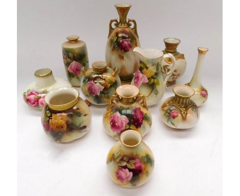 Royal Worcester - A collection of hand painted blush ivory and floral decorated items to include; mostly vases one jug. patte