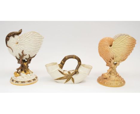 Royal Worcester - A large blush ivory shell vase with lizard to top, gilt detail (restored to centre), along with a similar b