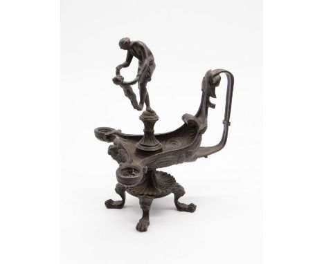 An interesting early 19th century bronze chamberstick with two candle bowls and classical lady and child detail.