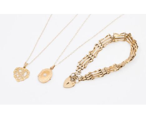 A collection of 9ct gold to include a heart shaped pendant on a fine chain, along with a gate bracelet and a diamond set oval