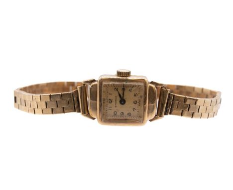 A ladies vintage 9ct gold Eterna wristwatch, comprising a square gold tone dial with Arabic markers, case approx 14mm, to a 9