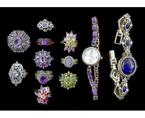 Ten silver stone set rings including amethyst, marcasite, garnet, peridot, opal and topaz, ladies silver lapis lazuli quartz 