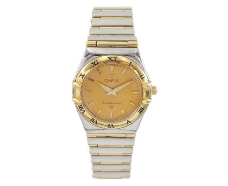 Omega Constellation ladies gold and stainless steel quartz wristwatch, champagne dial with baton hour markers, on gold and st