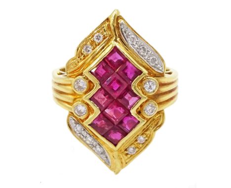 18ct gold square cut ruby and round brilliant cut diamond ring, stamped, total ruby weight 1.80 carat, total diamond weight 0