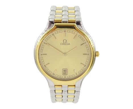 Omega gentleman's gold and stainless steel quartz wristwatch, Cal. 1441, champagne dial with baton and Roman hour markers, on