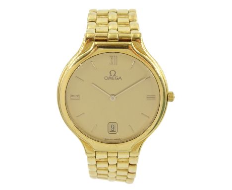 Omega gentleman's 18ct gold quartz wristwatch, Cal, 1436, champagne dial with date aperture at 6 o'clock, on integrated Omega