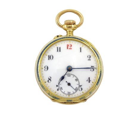 Edwardian 18ct gold open face ladies fob watch, white enamel dial with Roman numerals, blue enamel case, with applied platinu