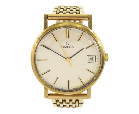Omega gentleman's 9ct gold manual wind presentation wristwatch, silvered dial with baton hour markers and date aperture, on 9