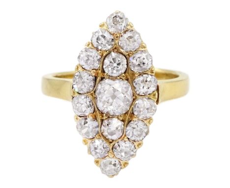 Early 20th century gold old cut diamond marquise shaped ring, stamped 18ct, total diamond weight approx 1.50 caratCondition R