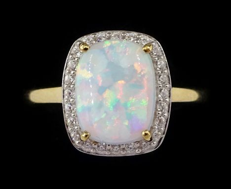 9ct gold opal and cubic zirconia cluster ring, hallmarkedCondition Report:Approx 2.35gm, size L-M, overall head = 11mm x 9mm