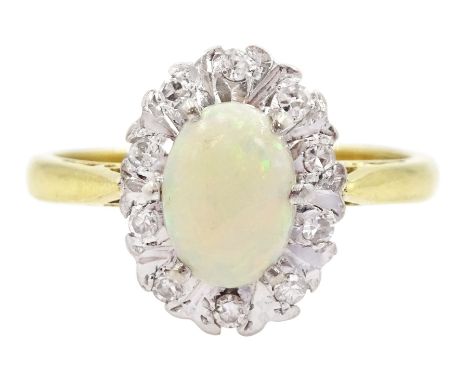 18ct gold opal and round brilliant cut diamond cluster ring, London 1975Condition Report:Approx 3.65gm, size K-L, head = 11.5