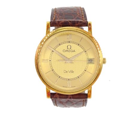 Omega De Ville gentleman's 18ct gold quartz presentation wristwatch, Ref. 73201412, champagne dial with date aperture, on ori