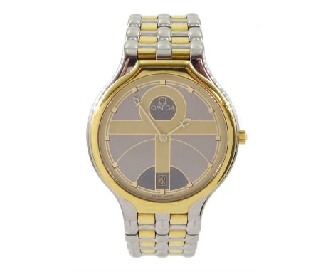 Omega gold and stainless steel quartz wristwatch, Cal. 1435, grey and champagne Egyptian Ankh dial and hands, with date apert