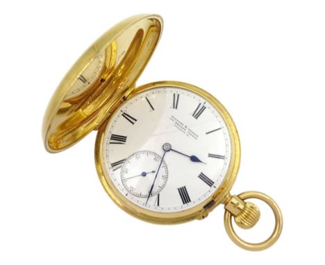 Victorian 18ct gold full hunter keyless lever pocket watch by Walters & George, London, No. 11151, white enamel dial with Rom