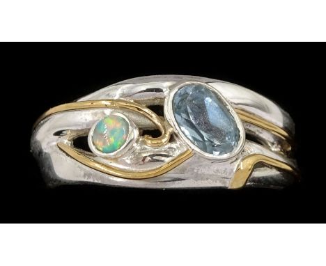 Silver and 14ct gold wire blue topaz and opal ring, stamped 925Condition Report:Size N, good condition