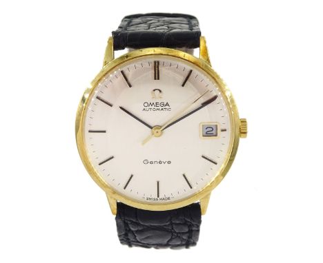 Omega gentleman's 18ct gold automatic wristwatch, Cal 565, silvered dial hour baton markers and date aperture, on Omega black