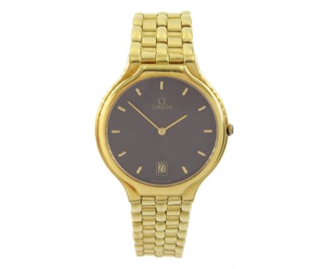 Omega gentleman's 18ct gold quartz wristwatch, Cal, 1436, bronzed dial with date aperture at 6 o'clock, on integrated Omega 1