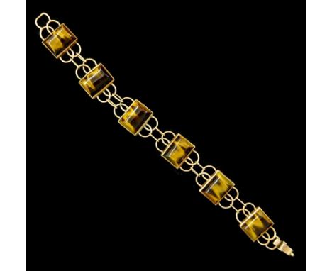 9ct rose gold tiger's eye panel link braceletCondition Report:Approx 25.3gm, length = 19.5cm tested 9ct, some light wear to l