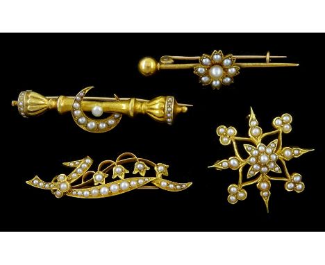 Four Victorian and Edwardian gold split pearl set brooches including star, crescent moon and flower designCondition Report:Cr