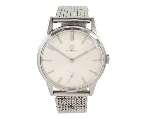 Omega stainless steel manual wind wristwatch, Ref. 121.001-64, Cal. 269, silvered dial with subsidiary seconds dial and baton