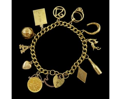 Gold curb link chain bracelet, with heart locket clasp and ten gold charms including pelican carrying a baby, heart, football