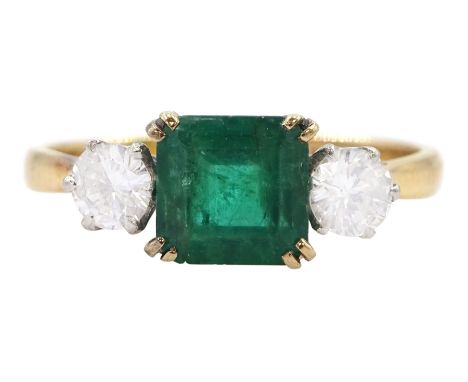 Gold three stone emerald and round brilliant cut diamond ring, stamped 18ct Plat, emerald approx 1.20 carat, total diamond we